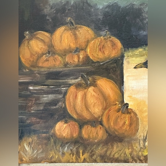 OIL PAINTING Harvest Moon Crow And Pumpkin Art Reclaimed Barn-wood Holiday Fall - Picture 4 of 10